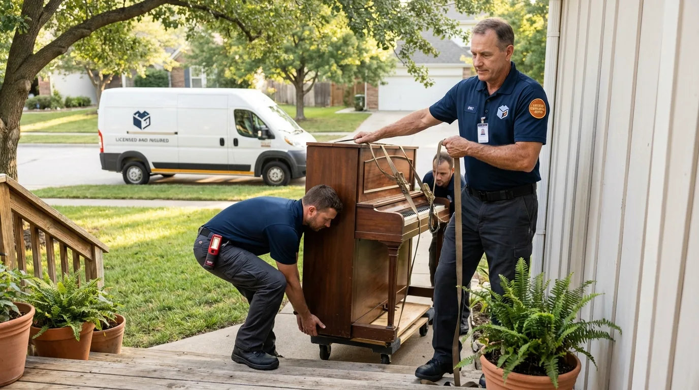 Licensed piano movers securing grand piano in Roosevelt, UT