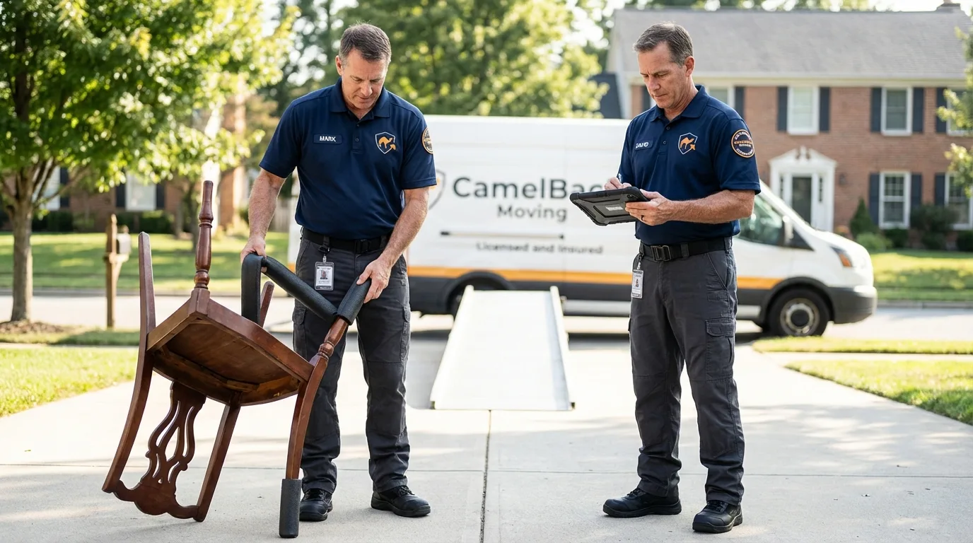 Movers inspecting furniture for damage prevention before loading in Roosevelt, UT